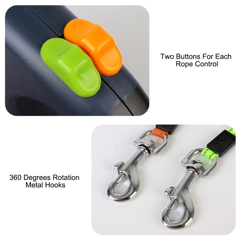 Retractable Dual Dog Leash – Reflective 360° Swivel with LED Light