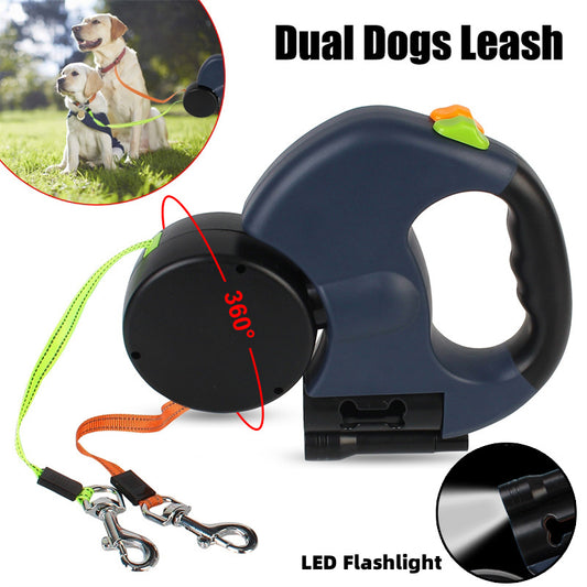 Retractable Dual Dog Leash – Reflective 360° Swivel with LED Light